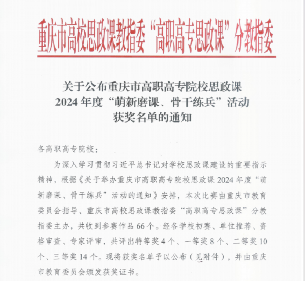 【喜报】学校在重庆市高职高专院校思政课2024年度“萌新磨课、骨干练兵”活动中获奖
