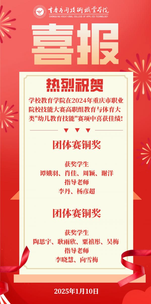 【喜报】学校教育学院在2024年重庆市职业院校技能大赛高职组教育与体育大类"幼儿教育技能"赛项中喜获佳绩