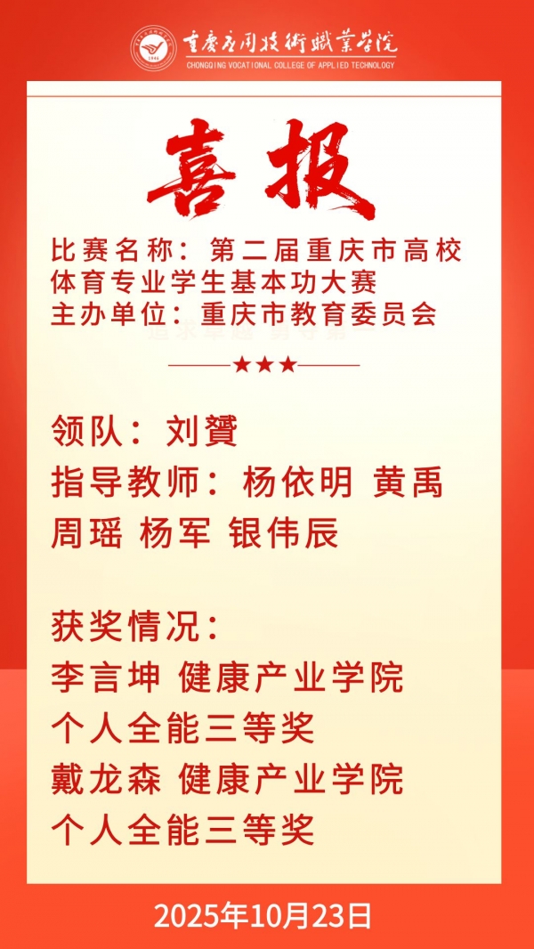 【喜报】学院学子在第二届重庆市高校体育专业学生基本功大赛中斩获佳绩