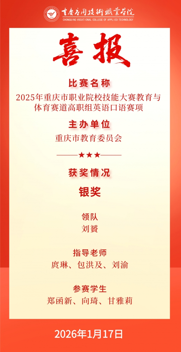 【喜报】学校在2025年重庆市职业院校技能大赛教育与体育赛道高职组英语口语赛项荣获佳绩
