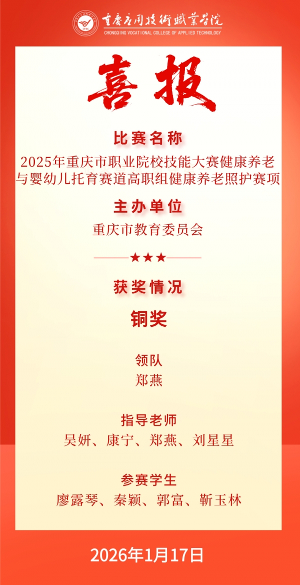 【喜报】学校在2025年重庆市职业院校技能大赛健康养老与婴幼儿托育赛道高职组健康养老照护赛项荣获佳绩