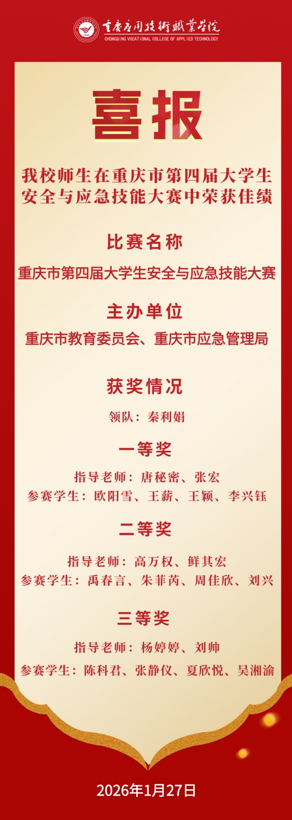 【喜报】学校在重庆市第四届大学生安全与应急技能大赛中荣获佳绩